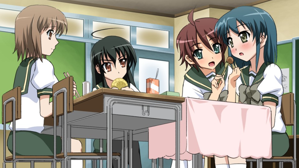 sanshita, konoe fumina, ogata matake, shana, yoshida kazumi, shakugan no shana, 00s, 4girls, ahoge, blush, chair, chopsticks, classroom, desk, eating, fork, indoors, multiple girls, open mouth, school, school desk, school uniform, serafuku, sitting, tablecloth