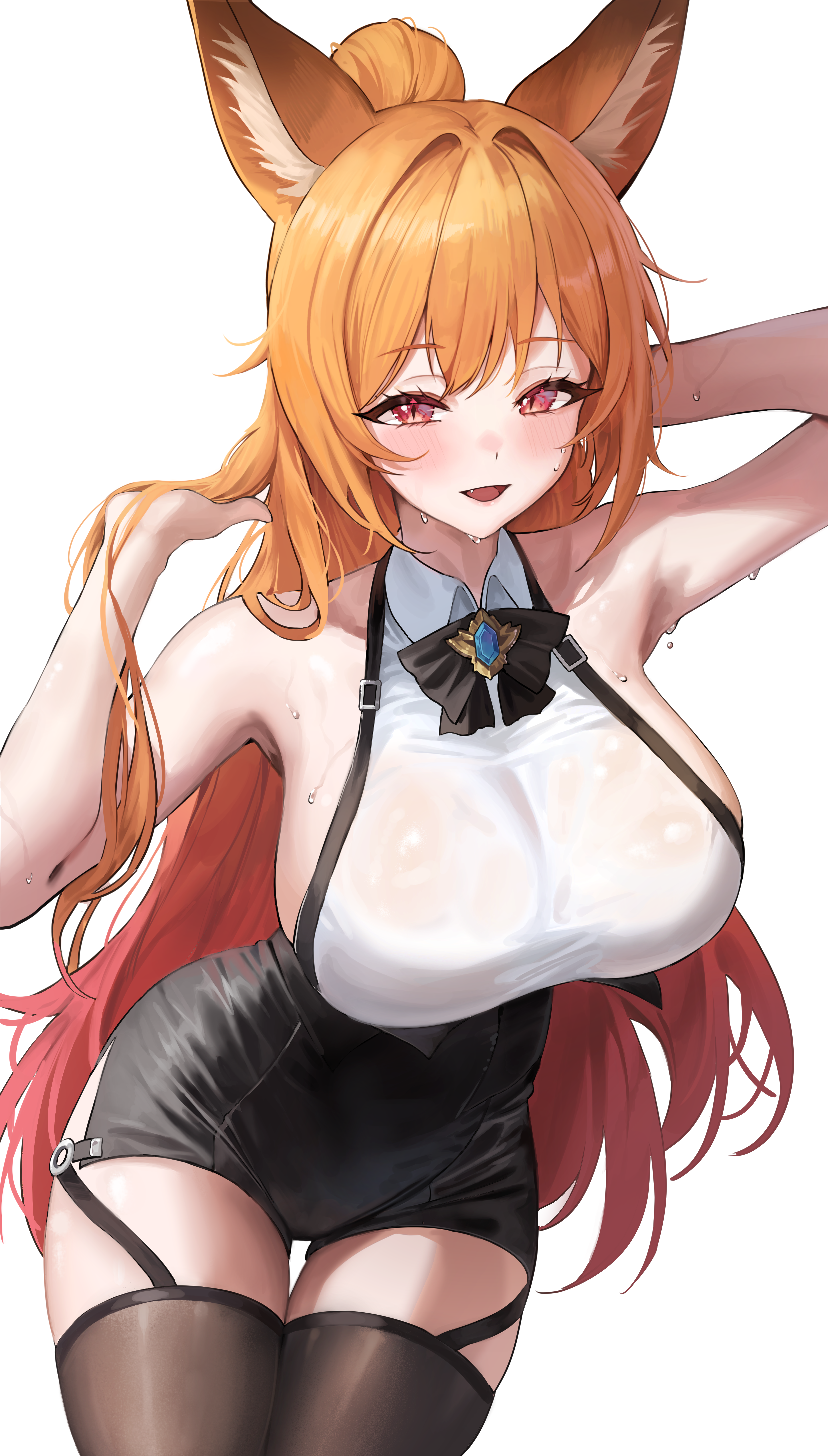 2gong (9ujin ), ellin meiji, dungeon and fighter, original, absurdres, commission, highres, second-party source, 1girl, adjusting hair, animal ears, arm up, armpits, bare arms, bare shoulders, black shorts, blonde hair, bow, bowtie, breasts, brooch, brown thighhighs, cleavage, collared shirt, cowboy shot, fox ears, half updo, hand in own hair, hand up, high-waist shorts, holding, holding own hair, jewelry, large breasts, long hair, looking at viewer, open mouth, red eyes, see-through cleavage, see-through clothes, shirt, shorts, simple background, sleeveless, sleeveless shirt, smile, solo, sweat, thighhighs, very long hair, white background, white shirt