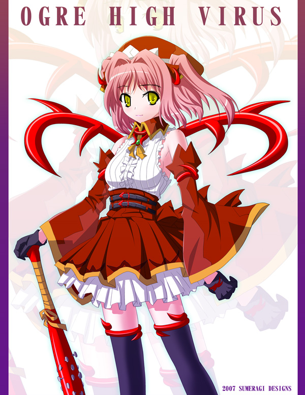 sumeragi seisuke, original, 1girl, artist name, bare shoulders, black gloves, black thighhighs, cropped legs, detached sleeves, english text, engrish text, female focus, frilled shirt, frills, gloves, hat, long sleeves, looking at viewer, miniskirt, petticoat, pink hair, ranguage, red skirt, shirt, short hair, skirt, sleeveless, sleeveless shirt, solo, thighhighs, twintails, wide sleeves, yellow eyes, zettai ryouiki