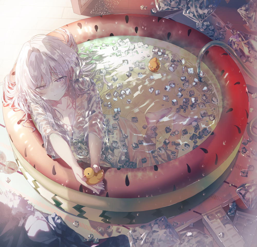 kazutake hazano, original, 1girl, barefoot, bathing, bathtub, blush, breasts, closed mouth, hair between eyes, hair intakes, holding, hose, ice, ice cube, japanese clothes, kimono, long hair, looking at viewer, partially submerged, purple eyes, rubber duck, solo, wading pool, water, wet, wet clothes, wet hair, white hair