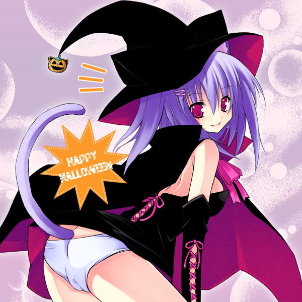 kannon ouji, 1girl, animal ears, breasts, cameltoe, cape, cat ears, female focus, food-themed hair ornament, hair ornament, halloween, happy halloween, hat, jack-o'-lantern, medium breasts, panties, pumpkin, pumpkin hair ornament, purple hair, sideboob, solo, tail, underwear, witch, witch hat
