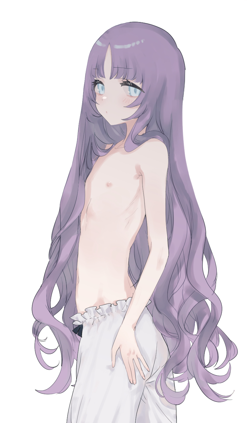 eurasia (wtp09ptw14), francoise (eurasia), original, commentary request, highres, 1girl, blue eyes, blush, closed mouth, cowboy shot, dot mouth, flat chest, from side, long hair, looking at viewer, nipples, pants, parted bangs, purple hair, simple background, solo, topless female, very long hair, white background, white pants