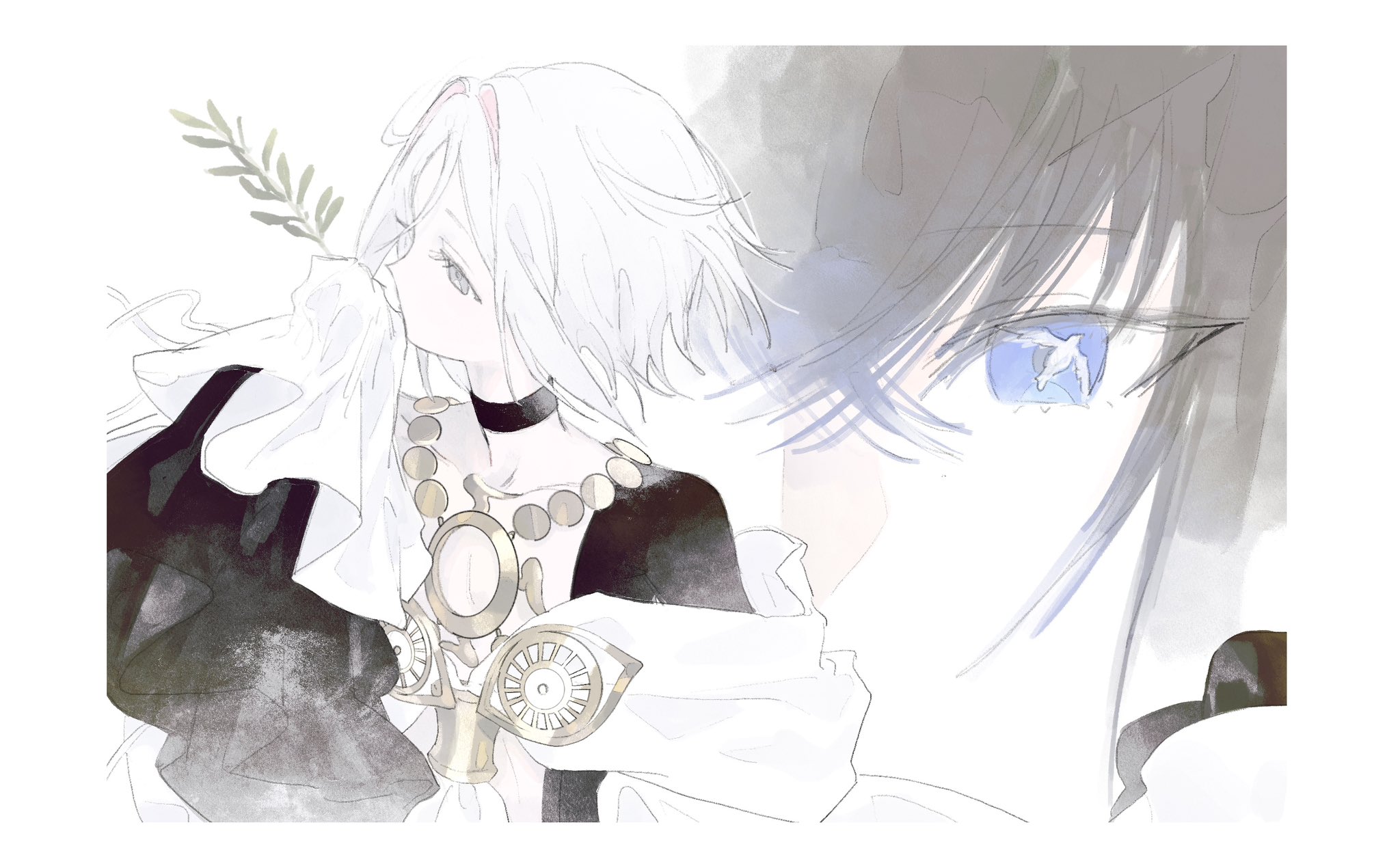 uda (xax 057), fate/grand order, fate (series), highres, 2boys, black hair, blue hair, branch, choker, dove (fate), eye reflection, grey eyes, holding, holding branch, jewelry, multicolored hair, multiple boys, necklace, pink hair, raven (fate), reflection, short hair, sleeves past fingers, sleeves past wrists, streaked hair, white hair