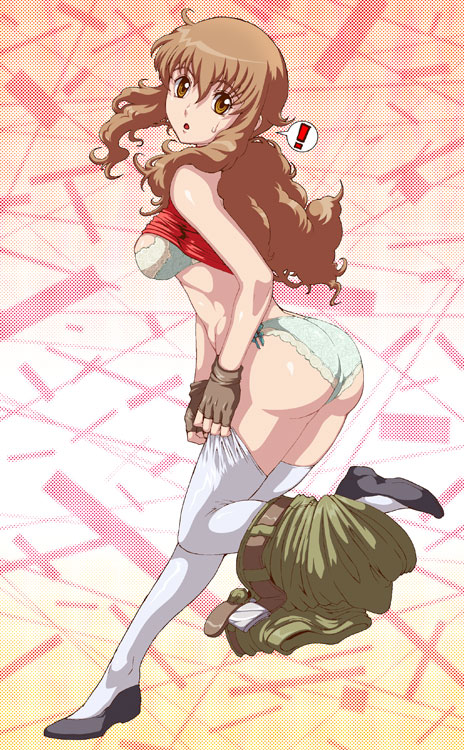 caryo, tabigarasu, christina sierra, gundam, gundam 00, !, 00s, 1girl, ass, belt, bra, clothes pull, female focus, fingerless gloves, gloves, lingerie, long hair, looking at viewer, panties, pants, pants pull, solo, thighhighs, underwear, undressing, white panties, white thighhighs