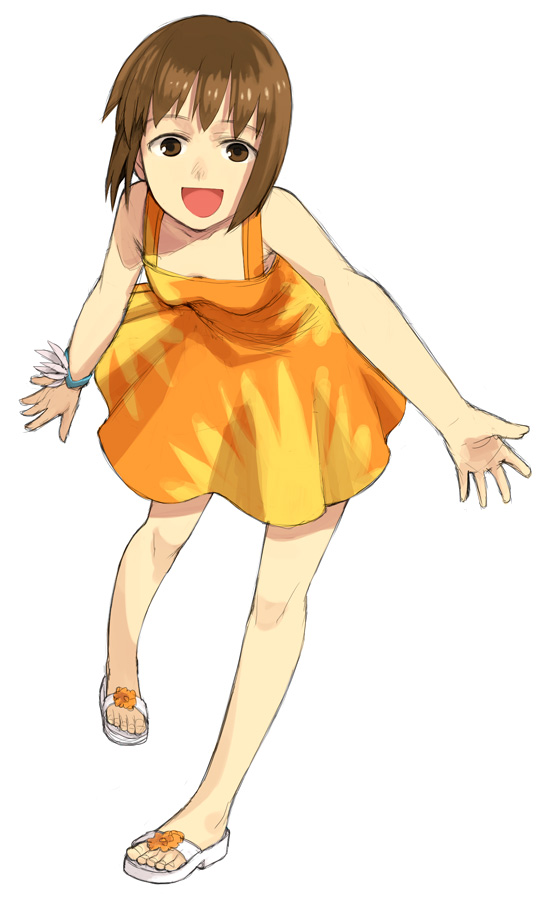 yu 65026, hagiwara yukiho, idolmaster, idolmaster (classic), idolmaster 1, 00s, 1girl, :d, bare legs, brown eyes, brown hair, dress, female focus, leaning forward, open mouth, orange skirt, sandals, short hair, simple background, skirt, smile, solo, toes