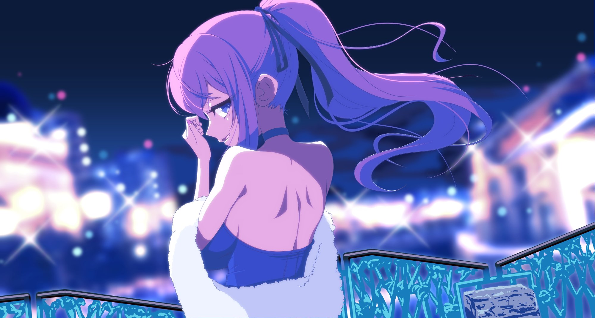 enbu (take40), natsuki karin, synthesizer v, commentary request, highres, 1girl, black ribbon, blurry, blurry background, breasts, dress, feather boa, hair ribbon, long hair, ponytail, profile, purple eyes, purple hair, ribbon, sideboob, solo, sparkle, spine
