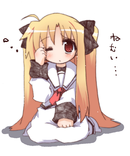 futaru usagi, fate testarossa, lyrical nanoha, mahou shoujo lyrical nanoha, mahou shoujo lyrical nanoha a's, lowres, translated, 00s, long hair, school uniform, serafuku, solo, very long hair