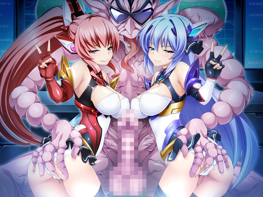 miyagoe yoshitsuki, exs-tia, exs-tia chevalier, katsuragi marina, rieszverne suzette paladill, kouyoku senki exs-tia, game cg, large variant set, non-web source, official art, variant set, 1boy, 2girls, ass, bare shoulders, black gloves, blue eyes, blue hair, blush, breasts, censored, chest jewel, cleavage, elbow gloves, exs-tia (exs-tia 1), exs-tia chevalier (exs-tia 2), fang, ffm threesome, fingering, fingerless gloves, ganusgil, gloves, group sex, half-closed eyes, headgear, hetero, large breasts, leotard, long hair, long tongue, looking at viewer, magical girl, monster, mosaic censoring, multiple girls, penis, pink hair, pointy ears, ponytail, purple eyes, pussy juice, red hair, smile, sunglasses, testicles, thighhighs, threesome, through clothes, tongue, tongue out, v, veins, very long hair