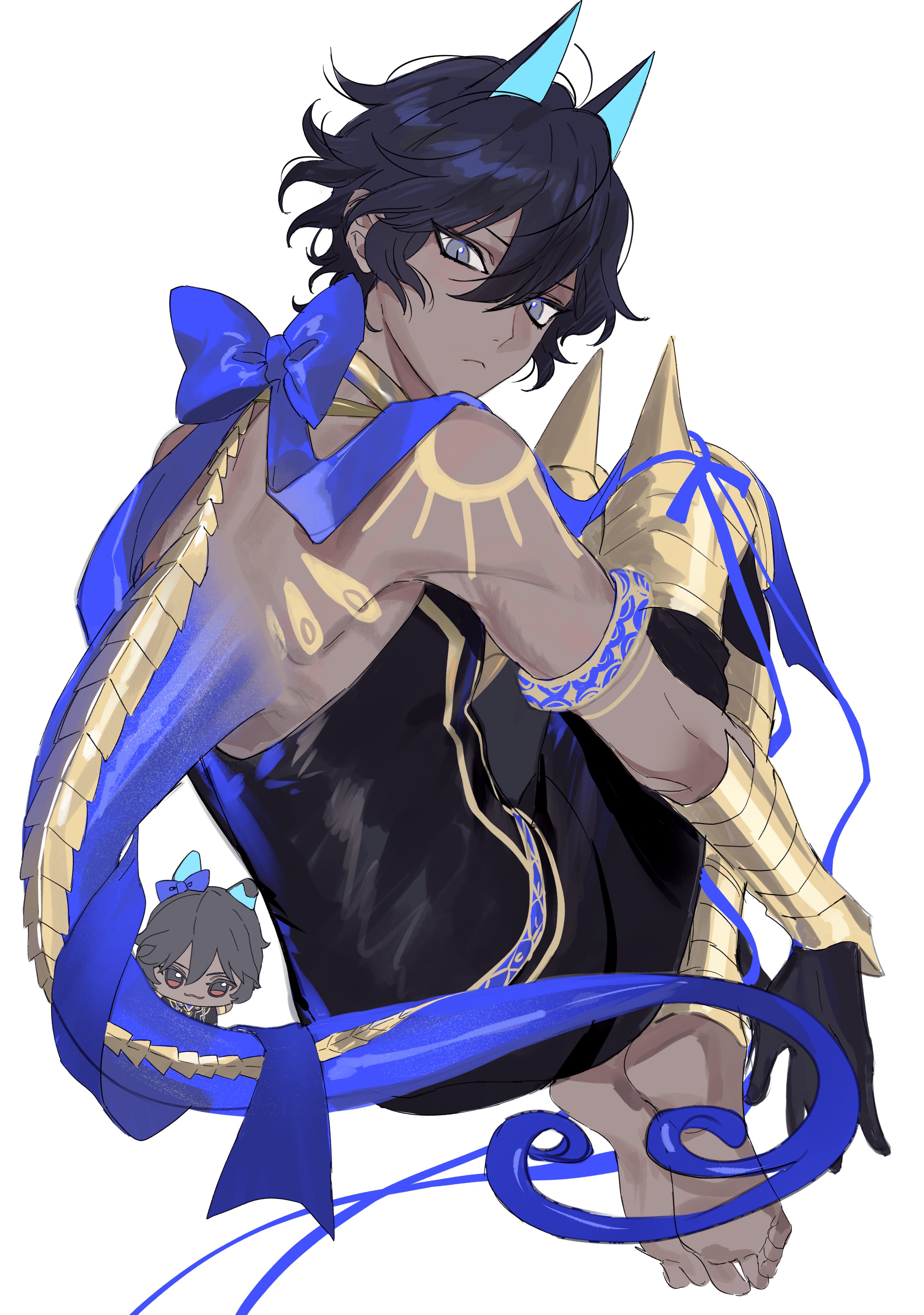 yurumawari, arjuna (fate), arjuna alter (fate), arjuna alter (third ascension) (fate), fate/grand order, fate (series), absurdres, highres, 1boy, armor, black hair, blue horns, blue ribbon, body markings, cape, chibi, chibi inset, dark-skinned male, dark skin, fetal position, full body, gloves, grey eyes, hair between eyes, horns, indian clothes, jewelry, looking back, male focus, ribbon, short hair, simple background, solo, tail, vambraces, white background