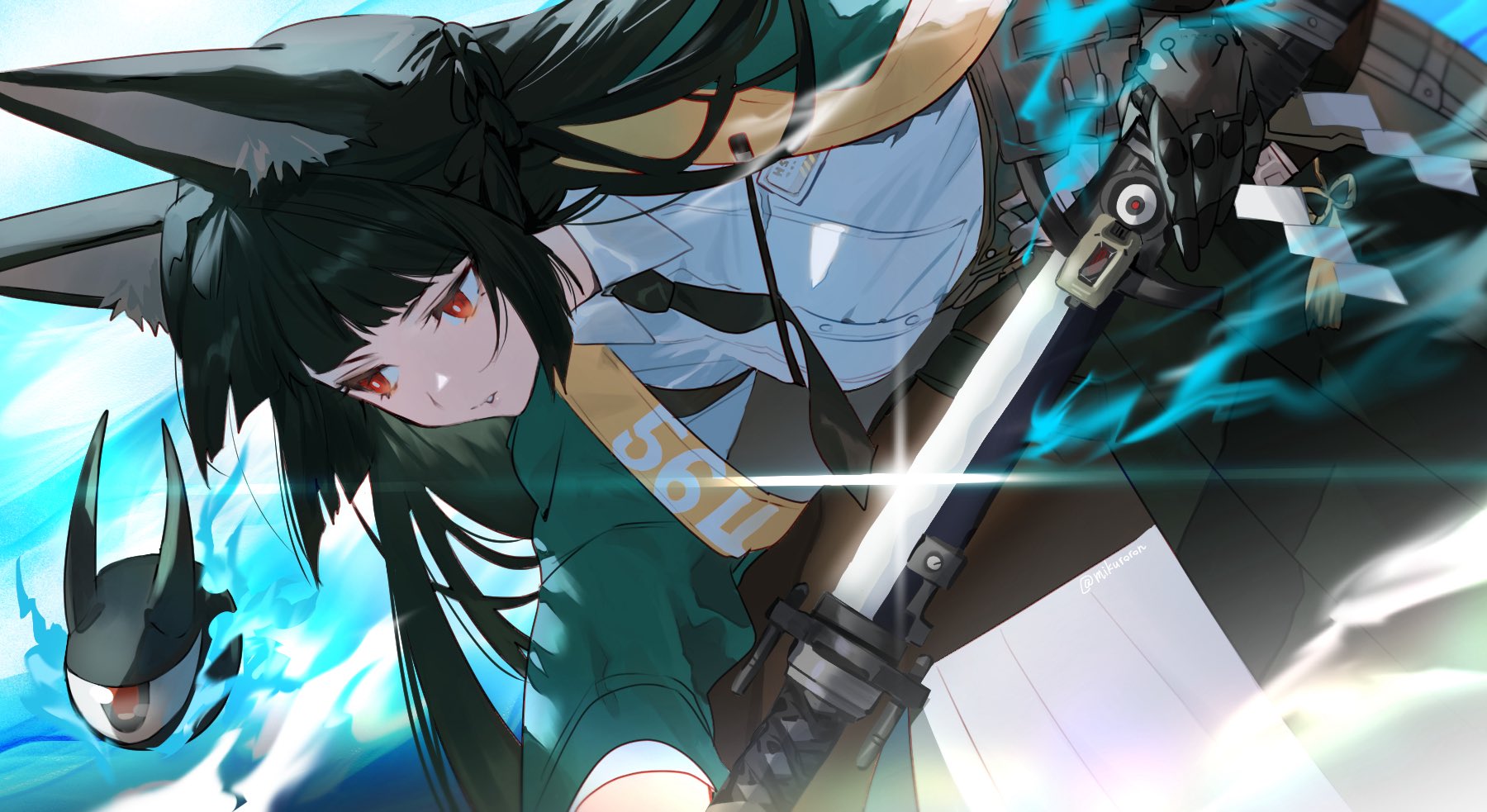 mikuroron, hoshimi miyabi, tailless (zenless zone zero), zenless zone zero, highres, 1girl, 1other, animal ear fluff, animal ears, aqua jacket, arm out of sleeve, black hair, black necktie, black skirt, fingerless gloves, fox ears, fox girl, gauntlets, gloves, green jacket, high-waist skirt, holding, holding sword, holding weapon, id card, jacket, katana, long hair, necktie, red eyes, shirt, single fingerless glove, single gauntlet, skirt, sword, weapon, white shirt