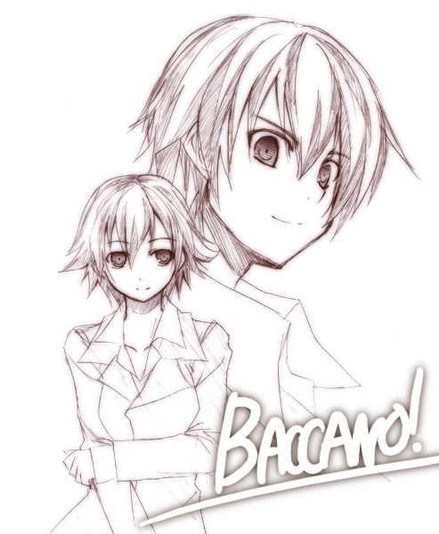 yuuki eishi, ennis, firo prochainezo, baccano!, 00s, 1boy, 1girl, formal clothes, monochrome, purple theme, suit