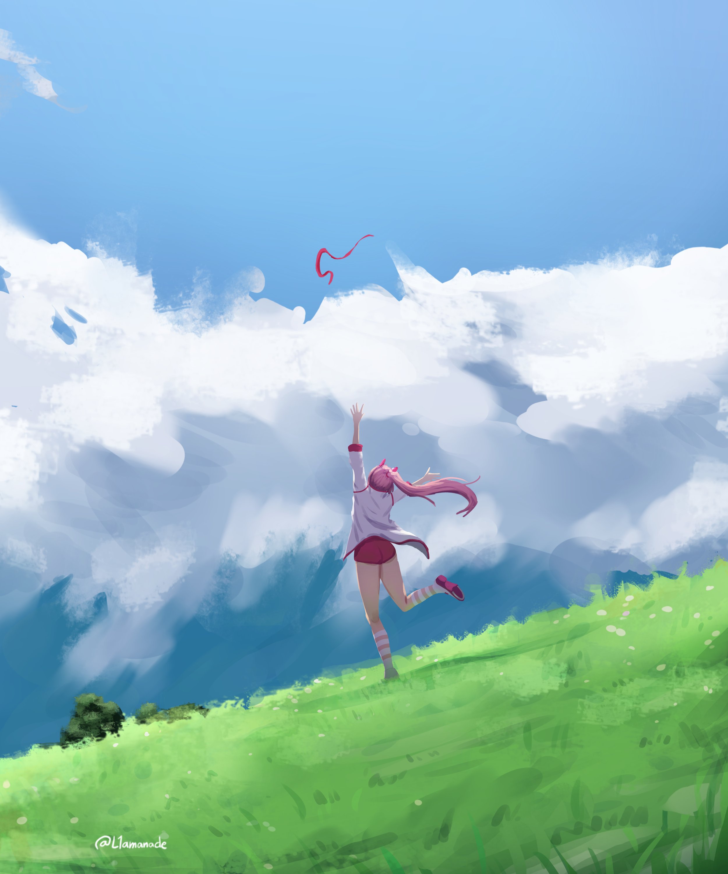 l1amanade, haru urara (umamusume), umamusume, absurdres, highres, 1girl, animal ears, buruma, cloud, ear covers, field, from behind, grass, hairband, haru urara (bestest prize) (umamusume), headband, horse ears, horse girl, horse tail, jacket, long hair, outdoors, pink buruma, pink hair, pink headband, pink socks, ponytail, red buruma, red headband, running, shirt, shoes, sky, socks, solo, striped clothes, striped socks, tail, tree, white jacket, white shirt, white socks