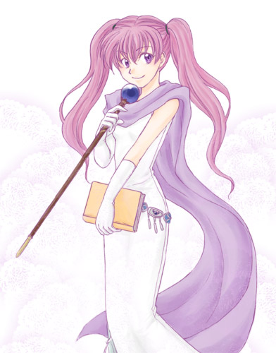 serra (fire emblem), fire emblem, fire emblem: the blazing blade, nintendo, lowres, 1girl, book, cleric, female focus, gloves, pink hair, purple eyes, scarf, smile, solo, staff, twintails