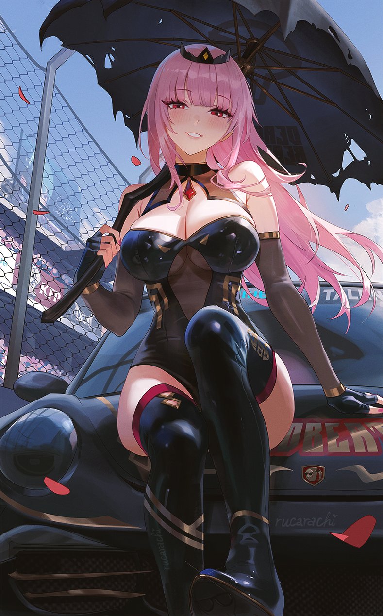 rucarachi, mori calliope, hololive, hololive english, commentary, highres, vehicle request, 1girl, bare shoulders, black boots, black car, black gloves, black leotard, black tiara, black umbrella, blue sky, boots, breasts, car, chain-link fence, cleavage, day, detached collar, detached sleeves, fence, fingerless gloves, gem, gloves, holding, holding umbrella, large breasts, leaning against vehicle, leotard, long hair, looking at viewer, motor vehicle, pink eyes, pink hair, red gemstone, skindentation, sky, smile, solo, strapless, strapless leotard, thigh boots, thighs, tiara, torn umbrella, umbrella, virtual youtuber