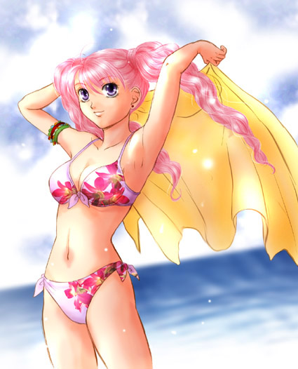 usachu now, serra (fire emblem), fire emblem, fire emblem: the blazing blade, nintendo, 1girl, armband, armpits, beach, bikini, breasts, cleavage, cleric, female focus, floral print, long hair, navel, ocean, pink bikini, pink hair, purple eyes, sky, smile, solo, swimsuit, towel, twintails