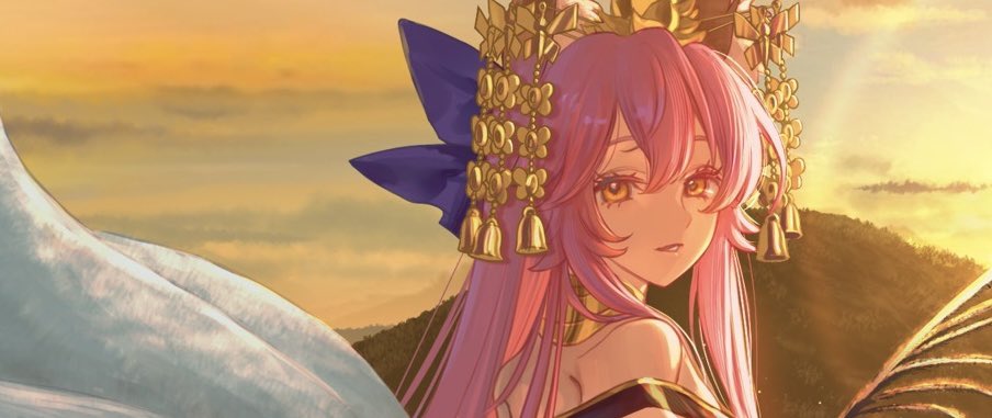 asagi futsuka, tamamo no mae (fate), tamamo no mae (third ascension) (fate), fate/grand order, fate (series), tamamo (fate), 1girl, animal ears, bell, choker, fox ears, fox girl, hair ornament, hairpin, japanese clothes, long hair, looking back, multiple hairpins, off shoulder, open mouth, pink hair, sky, smile, solo, sunset, upper body, yellow eyes, yellow sky