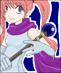 serra (fire emblem), fire emblem, fire emblem: the blazing blade, nintendo, lowres, 1girl, cleric, elbow gloves, female focus, gloves, pink hair, purple eyes, scarf, smile, solo, staff, twintails