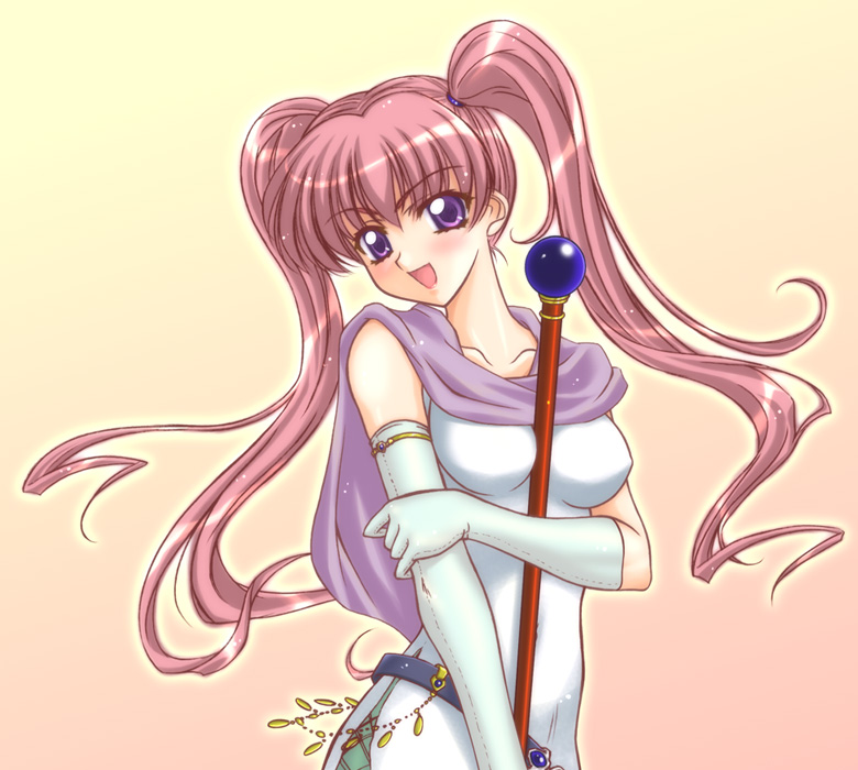 serra (fire emblem), fire emblem, fire emblem: the blazing blade, nintendo, 1girl, between breasts, blush, breasts, cleric, elbow gloves, female focus, gloves, happy, long hair, open mouth, pink hair, purple eyes, scarf, solo, staff, twintails