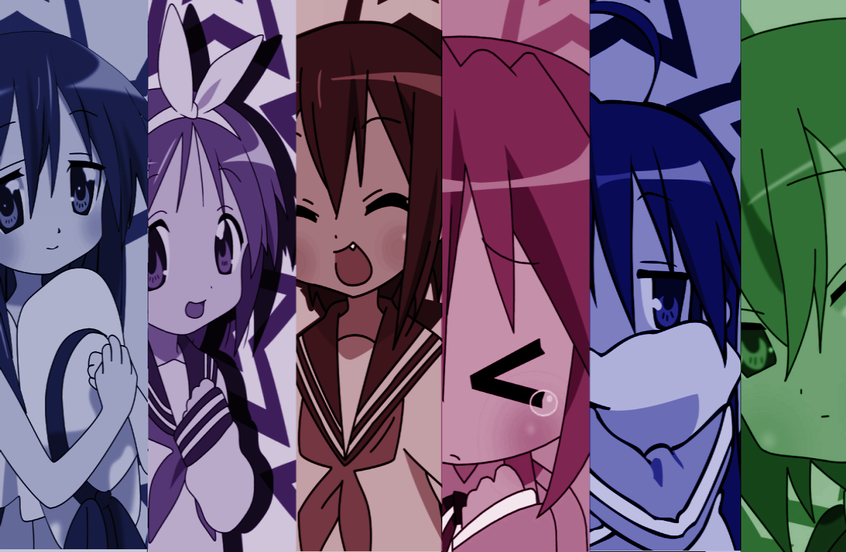 hiiragi tsukasa, iwasaki minami, izumi kanata, izumi konata, kobayakawa yutaka, kusakabe misao, lucky star, > <, 00s, 6+girls, age difference, ahoge, blush, bow, closed eyes, column lineup, fang, hair bow, hat, holding, holding pillow, holding unworn clothes, holding unworn hat, hugging object, looking at viewer, mother and daughter, multiple girls, multiple monochrome, open mouth, pillow, pillow hug, school uniform, serafuku, star (symbol), tears, unworn hat, unworn headwear