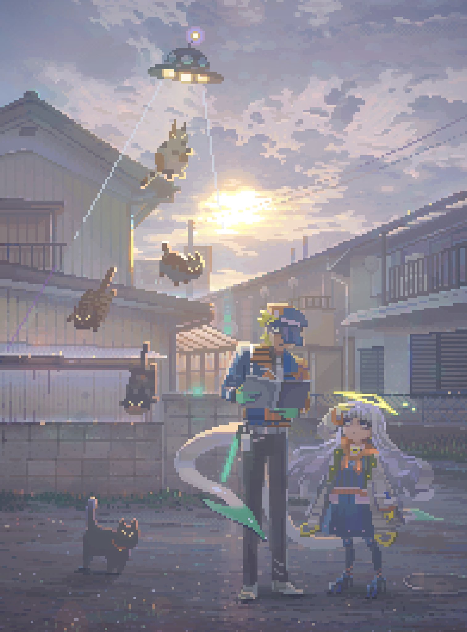 onndapixel, original, highres, 1boy, 1girl, animal, black pants, blue shirt, blue skirt, book, building, cat, cloud, cloudy sky, drain (object), flying saucer, gloves, halo, hand to forehead, height difference, holding, holding book, jacket, light rays, long hair, looking up, open clothes, open jacket, outdoors, pants, pixel art, road, shirt, skirt, sky, spacecraft, street, sunbeam, sunlight, tail, tractor beam, ufo, visor cap, white hair