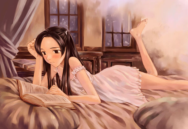 misaki minato, blood alone, lingerie, nightgown, reading, solo, underwear, vampire