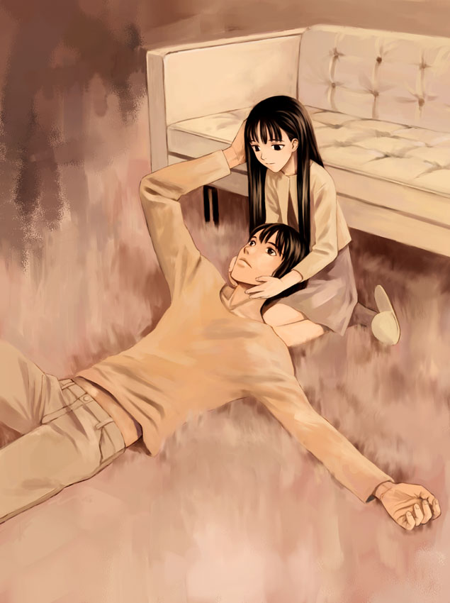 kuroe kurose, misaki minato, blood alone, grey legwear, 1boy, 1girl, black eyes, black hair, brown theme, child, closed mouth, couch, cropped jacket, dress, grey dress, grey pants, hand on another's head, hands on another's head, lap pillow, light smile, long hair, long sleeves, lying, midriff peek, on back, on ground, outstretched arm, pants, rug, short dress, sitting, slippers, socks, straight hair, vampire, wariza