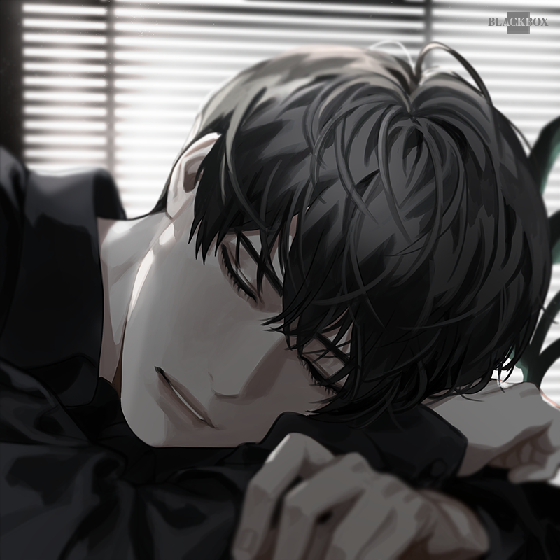 blackbox (blackbox9158), yoo joonghyuk, omniscient reader's viewpoint, 1boy, black hair, black shirt, closed eyes, collared shirt, crossed arms, crossed bangs, facing viewer, fern, hair between eyes, head down, indoors, male focus, parted lips, portrait, shirt, short hair, solo, window blinds, window light
