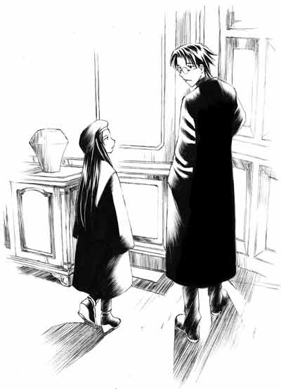 blood alone, 1boy, 1girl, boots, coat, desk, door, full body, greyscale, height difference, indoors, light rays, long hair, long sleeves, looking back, monochrome, shadow, standing, table, window