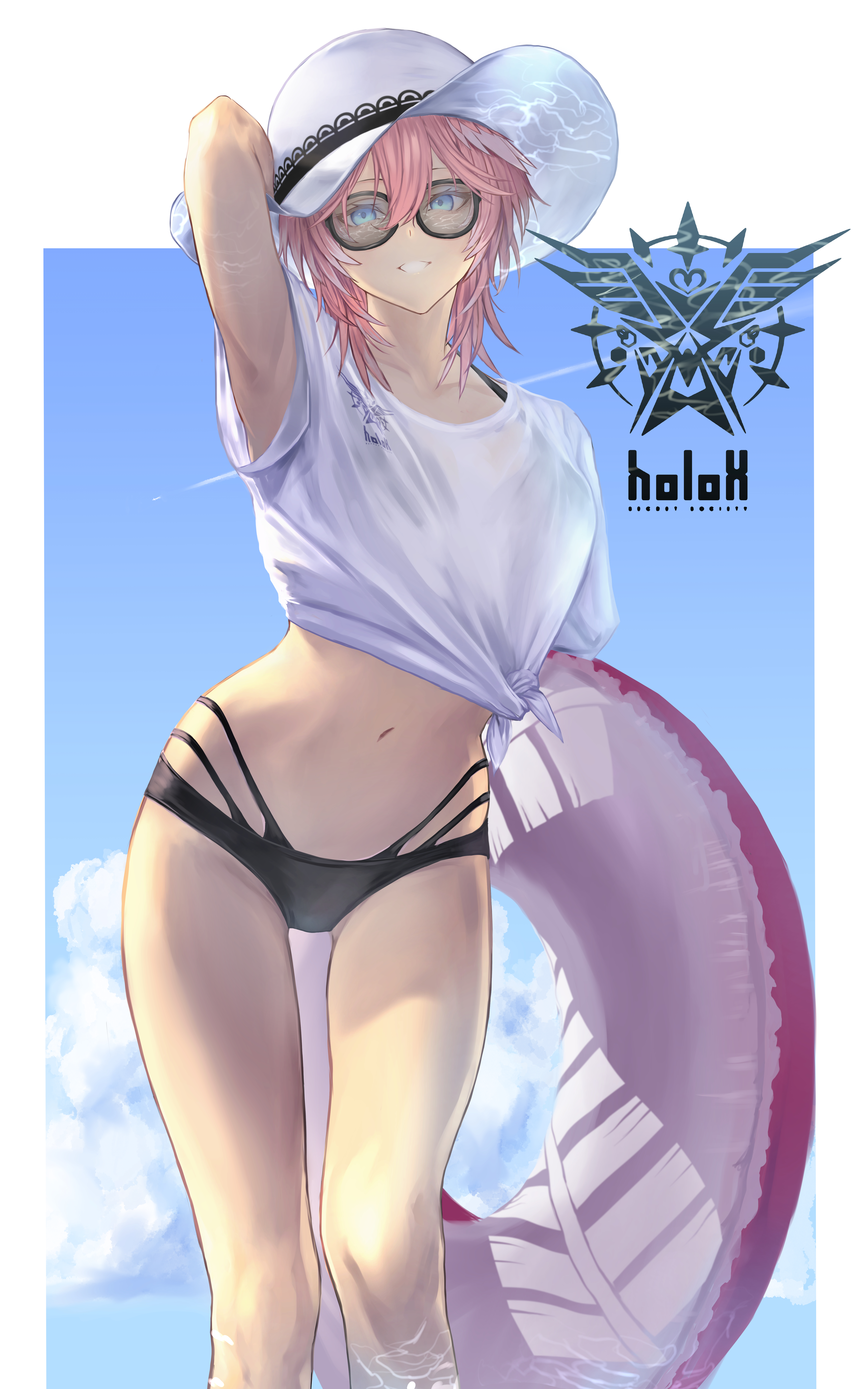 qdx4p, takane lui, hololive, absurdres, commentary request, highres, 1girl, arm up, bikini, black bikini, border, cloud, cloudy sky, day, hat, holding, holding swim ring, innertube, looking at viewer, navel, outdoors, outside border, pink hair, shirt, sky, solo, standing, sunglasses, swim ring, swimsuit, tied shirt, virtual youtuber, white border, white hat, white shirt