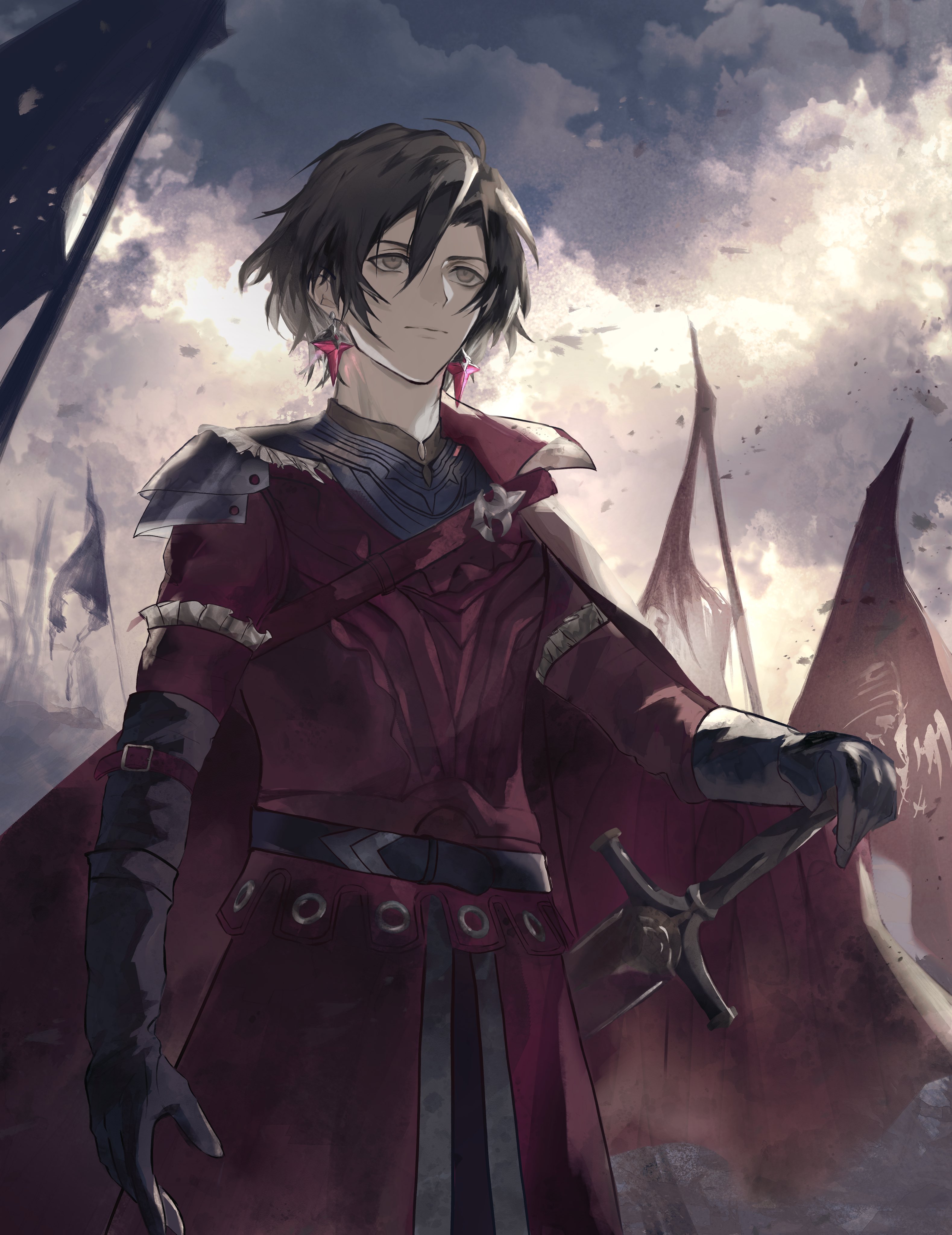 constantine xi (fate), fate/grand order, fate (series), absurdres, highres, 1boy, armor, black hair, bon 0118, cape, cloud, cloudy sky, earrings, flag, flagpole, gloves, grey sky, hair between eyes, hand on hilt, jewelry, male focus, red cape, short hair, sky, solo, sword, upper body, weapon