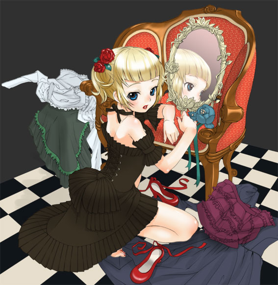 inuburo, 1girl, blunt bangs, checkered floor, corset, female focus, goth fashion, gothic lolita, lolita fashion, makeup, red shoes, reflection, shoes, solo, unworn shoes