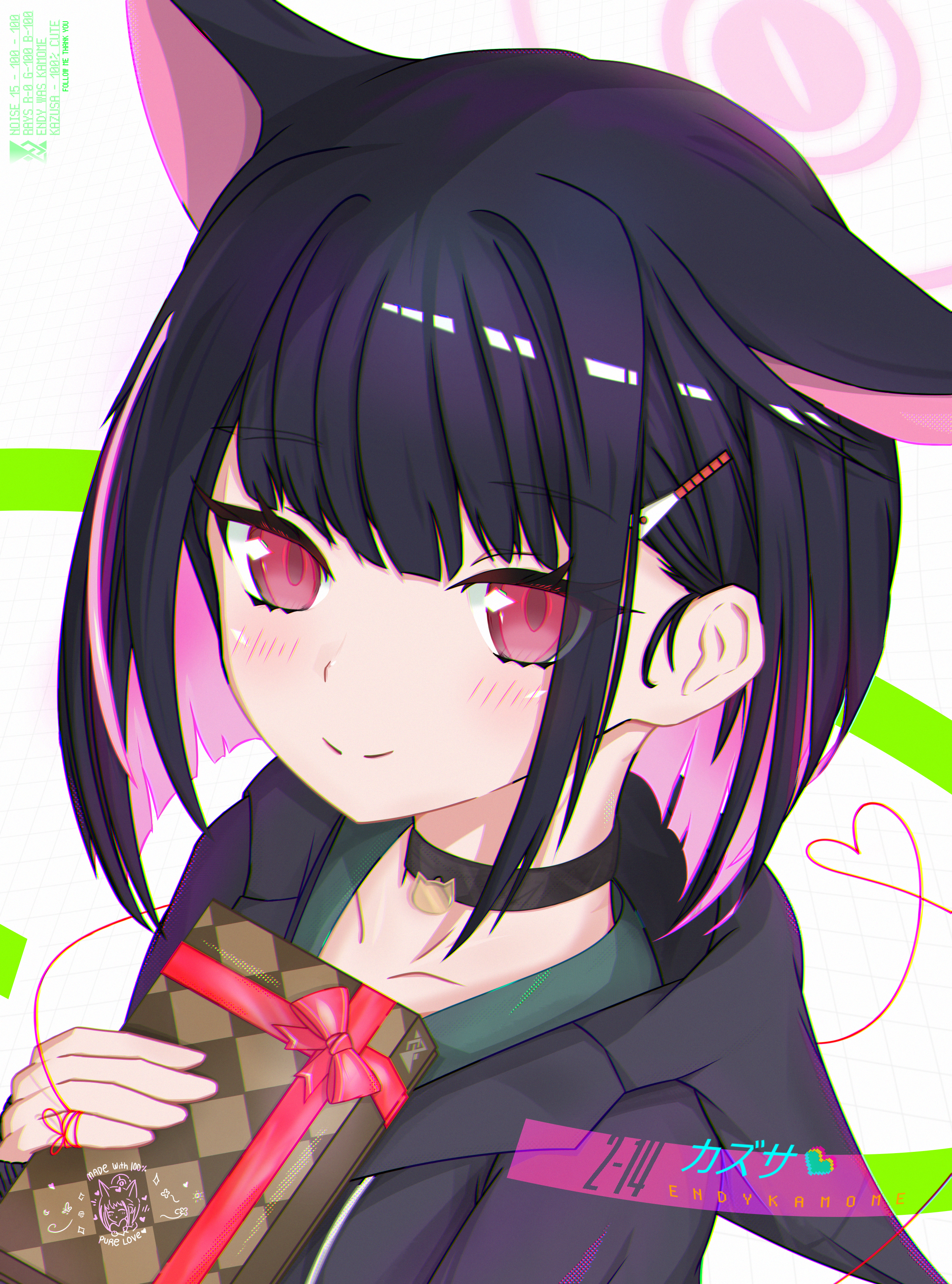 endykamome, kazusa (blue archive), blue archive, absurdres, commentary, english commentary, highres, 1girl, animal ears, artist name, black choker, black hair, black hoodie, blunt bangs, blunt ends, blush, bob cut, bow, cat choker, cat ears, cat girl, character name, choker, closed mouth, collarbone, colored inner animal ears, colored inner hair, dated, extra ears, eyelashes, eyes visible through hair, gift, green sailor collar, hair behind ear, hair ornament, hairclip, halo, hand up, heart, heart of string, holding, holding gift, hood, hood down, hoodie, looking at viewer, medium hair, multicolored hair, pink hair, pink halo, red bow, red eyes, sailor collar, school uniform, serafuku, sidelocks, simple background, smile, solo, split mouth, straight hair, string, string of fate, tsurime, two-tone hair, upper body, valentine, white background