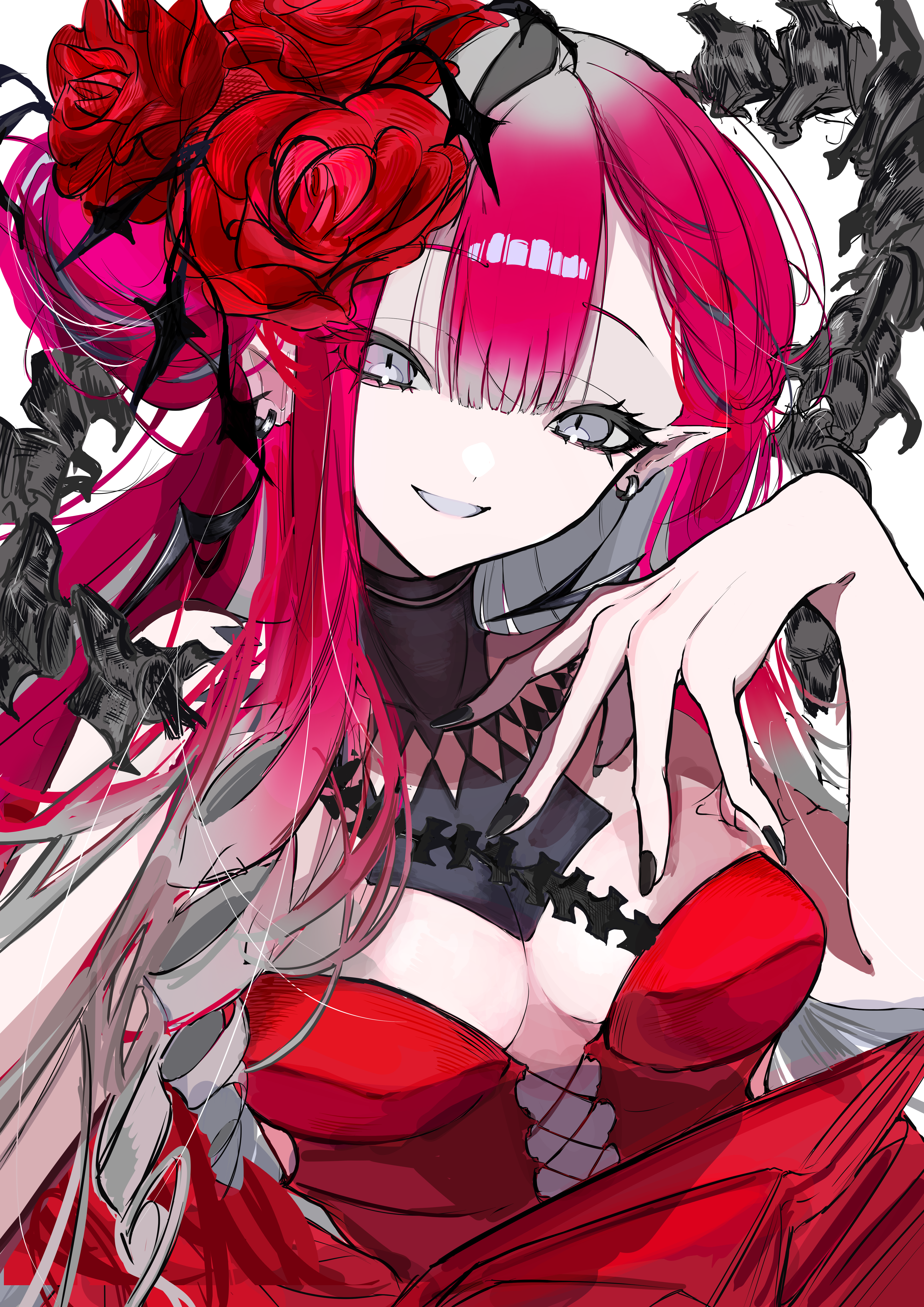 baobhan sith (celebratory attire) (fate), baobhan sith (fate), fate/grand order, fate (series), absurdres, commentary request, highres, 1girl, breasts, dress, flower, grey eyes, grin, hair bun, hair flower, hair ornament, hand up, long hair, looking at viewer, pink hair, pointy ears, red dress, red flower, smile, solo, tiritumo 21