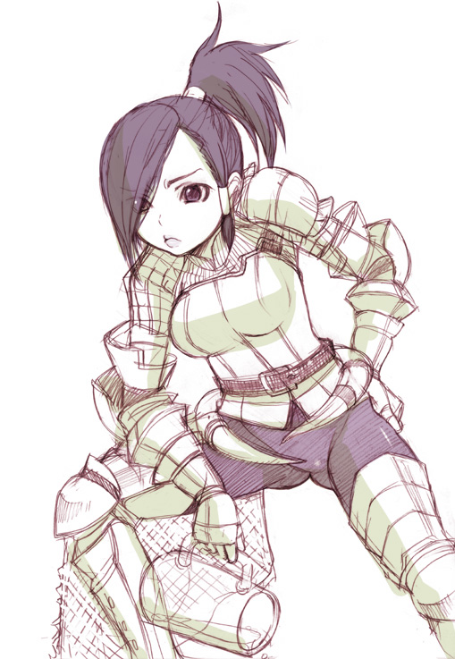 inuburo, capcom, monster hunter (series), ass grab, 1girl, armor, armored boots, ass, belt, boots, breasts, buckle, female focus, gauntlets, hair over one eye, large breasts, leaning forward, monochrome, ponytail, short hair, shoulder pads, simple background, solo, spread legs, standing, thigh boots, thighhighs, white background