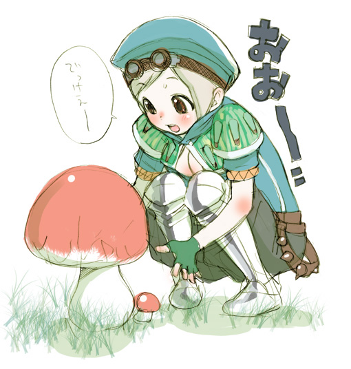 inuburo, capcom, monster hunter (series), character request, translated, 1girl, blonde hair, boots, breasts, brown eyes, cleavage, female focus, fingerless gloves, gloves, goggles, hat, mushroom, short hair, solo, squatting