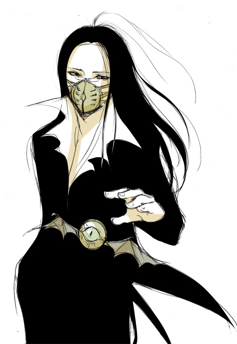 inuburo, karasu (yu yu hakusho), yuu yuu hakusho, 1boy, ahoge, black hair, collar, collarbone, cowboy shot, creature, long hair, looking at viewer, male focus, mask, outstretched hand, solo, very long hair, white background