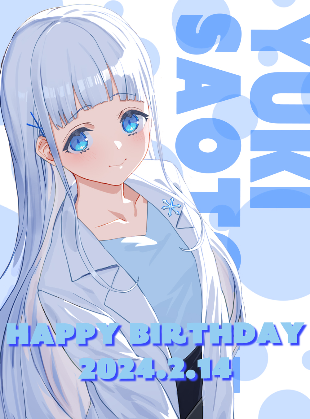 izumi sai, highres, official art, 1girl, black skirt, blue eyes, blue shirt, blunt bangs, blush, breasts, character name, closed mouth, coat, collarbone, dated, english text, hair ornament, happy birthday, jingai kyoshitsu no ningen girai kyoshi, long hair, long sidelocks, long sleeves, looking at viewer, medium breasts, open clothes, open coat, polka dot, polka dot background, saotome yuki, shirt, sidelocks, skirt, smile, solo, standing, tareme, upper body, very long hair, white coat, white hair, x hair ornament
