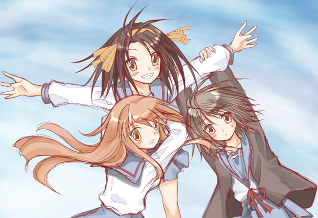 kakoi orihako, asahina mikuru, nagato yuki, suzumiya haruhi, suzumiya haruhi no yuuutsu, silver hair, 00s, 3girls, arms up, blue skirt, brown eyes, brown hair, collar, flying, long hair, looking at viewer, multiple girls, orange hair, school uniform, serafuku, shirt, short hair, skirt, very long hair, white shirt