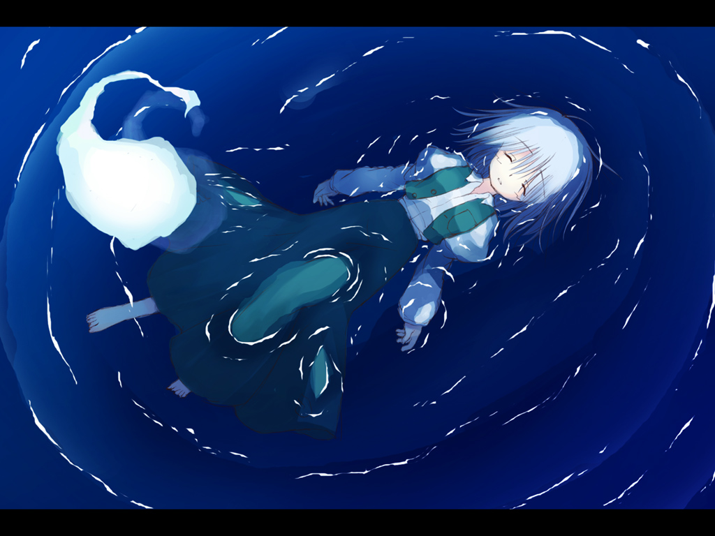 kakoi orihako, konpaku youmu, konpaku youmu (ghost), touhou, 1girl, afloat, barefoot, closed eyes, female focus, floating, from above, full body, ghost, green skirt, hitodama, letterboxed, long skirt, long sleeves, open clothes, open vest, partially submerged, shirt, skirt, sleeping, solo, vest, water, white shirt