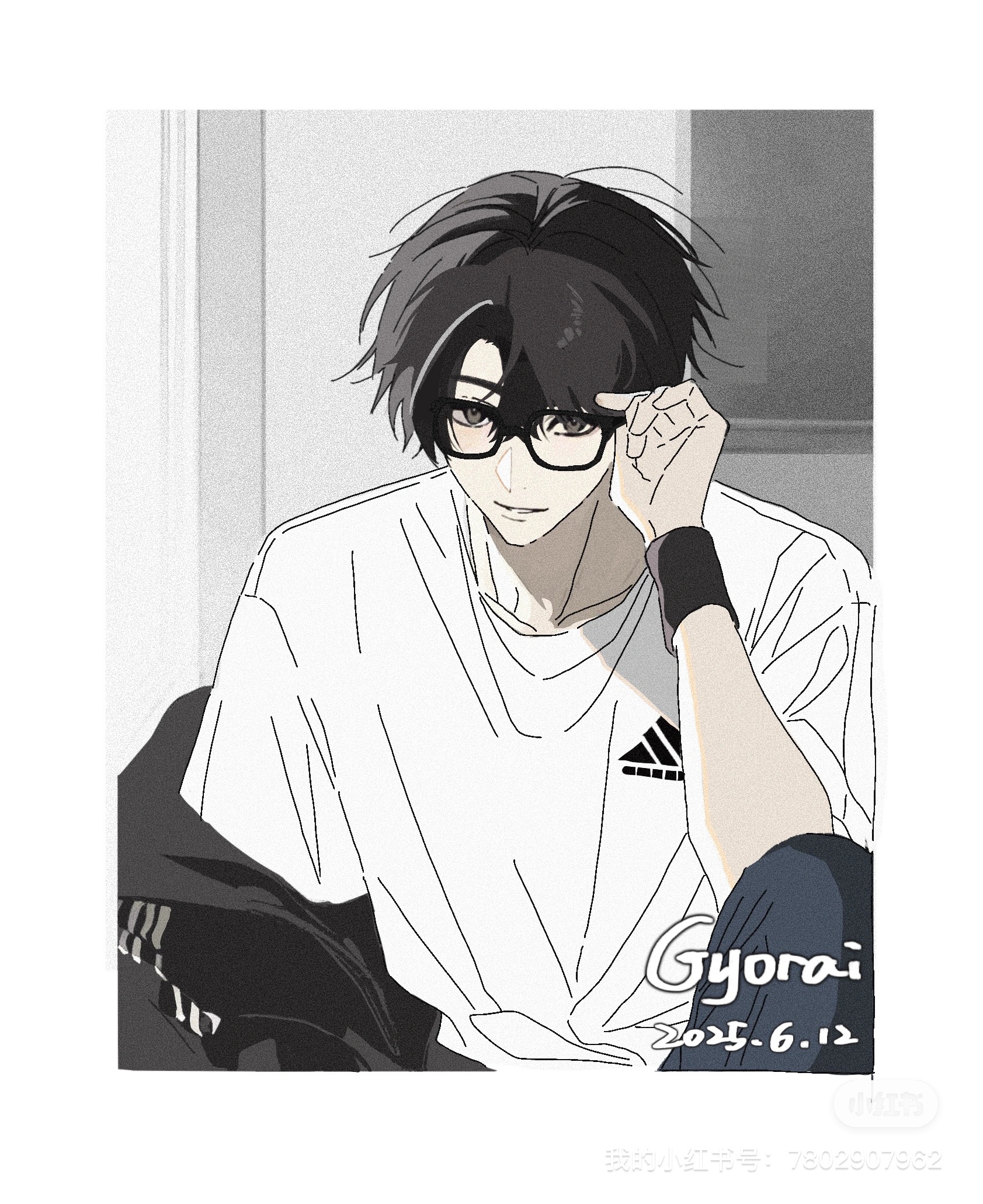original, highres, 1boy, black-framed eyewear, black eyes, black hair, black jacket, border, glasses, hand up, indoors, jacket, lanye11, looking at viewer, male focus, off shoulder, shirt, short hair, short sleeves, sitting, smile, t-shirt, white shirt, wristband