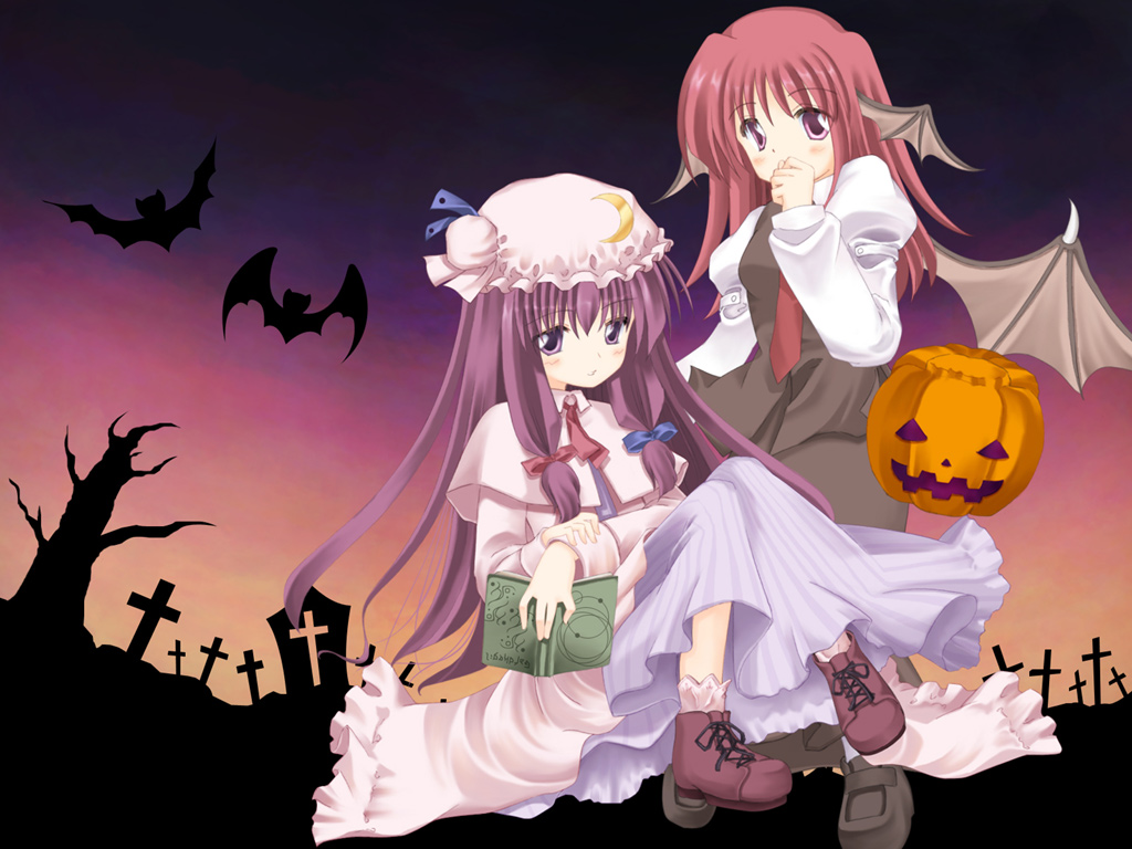 kakoi orihako, koakuma, patchouli knowledge, embodiment of scarlet devil, touhou, 2girls, bat (animal), book, female focus, graveyard, halloween, head wings, jack-o'-lantern, multiple girls, pumpkin, tree, wings