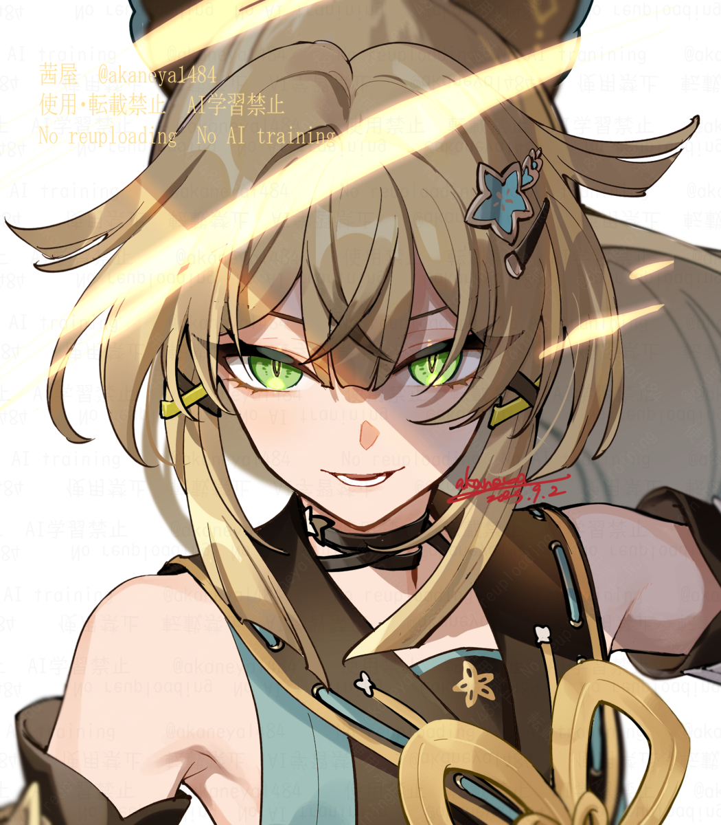ojo aa, kirara (genshin impact), genshin impact, commentary request, highres, 1girl, artist name, bare shoulders, black choker, black shirt, brown hair, choker, dated, detached sleeves, double-parted bangs, eyelashes, floating hair, green eyes, hair between eyes, hair intakes, hair ornament, hairclip, high ponytail, japanese clothes, long hair, looking at viewer, lower teeth only, multicolored hair, open mouth, ponytail, shirt, sidelocks, signature, simple background, sleeveless, sleeveless shirt, smile, solo, streaked hair, teeth, twitter username, upper body, watermark, white background, x hair ornament
