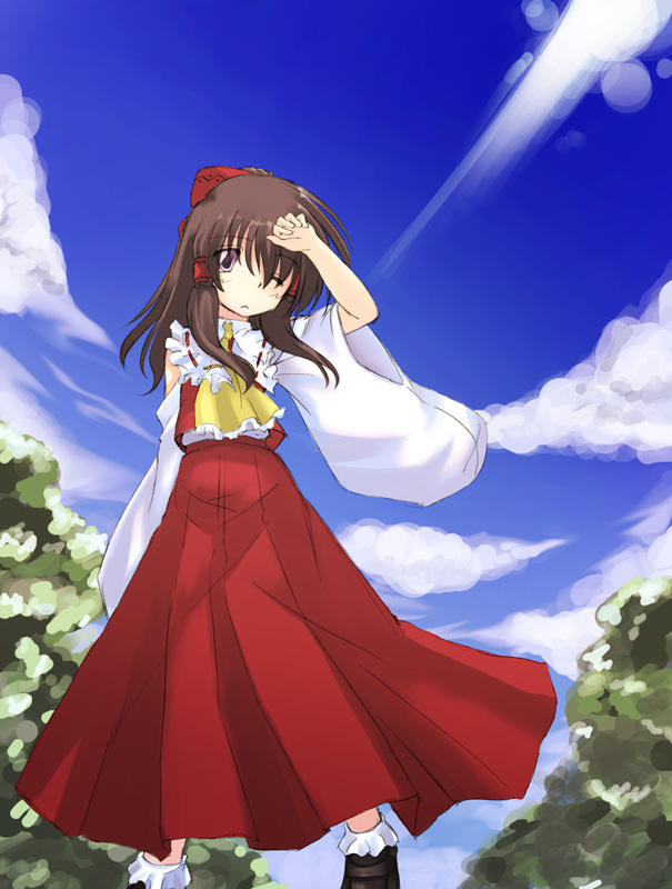 kakoi orihako, hakurei reimu, touhou, 1girl, ascot, blue sky, bobby socks, bow, brown hair, cloud, day, detached sleeves, dress, female focus, hair bow, head tilt, long sleeves, looking at viewer, one eye closed, outdoors, red bow, red dress, sidelocks, sky, socks, solo, standing, white socks, wide sleeves