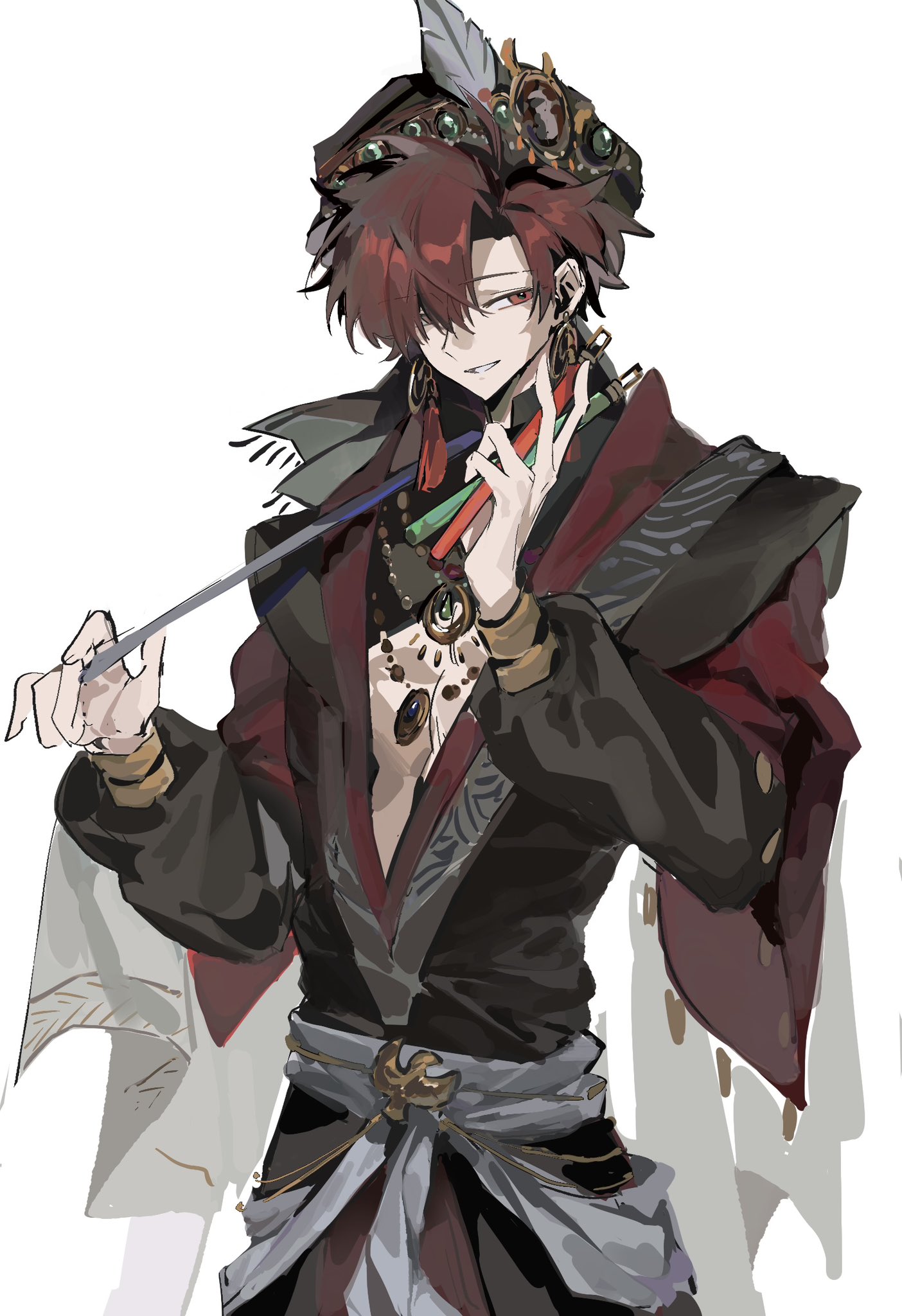 muki (muki kunxd), takasugi shinsaku (celebratory attire) (fate), takasugi shinsaku (fate), takasugi shinsaku (first ascension) (fate), fate/grand order, fate (series), highres, 1boy, ahoge, earrings, hat feather, jewelry, long sleeves, male focus, necklace, open mouth, red eyes, red hair, robe, simple background, smile, solo, turban, upper body, white background