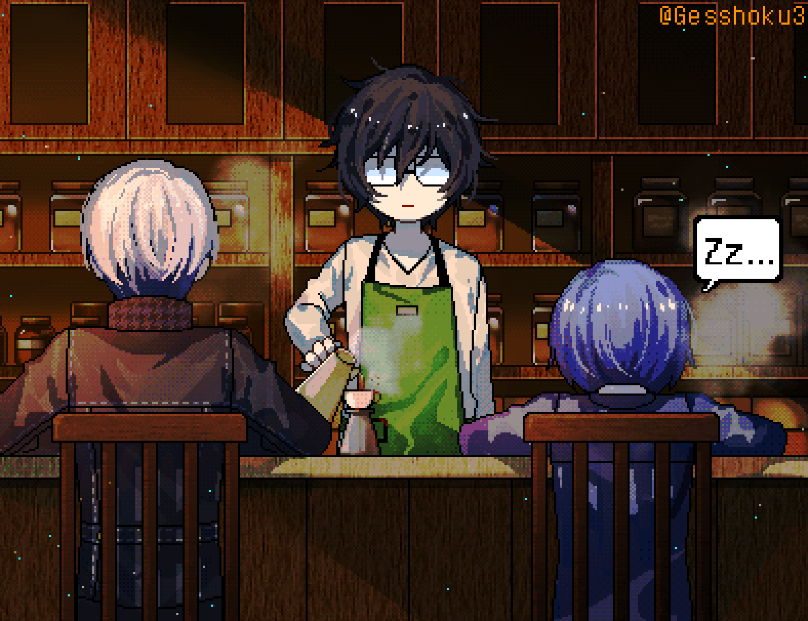 gesshoku3, amamiya ren, narukami yu, yuuki makoto (persona 3), persona, persona 3, persona 4, persona 5, chinese commentary, commentary, highres, 3boys, apron, arm at side, black hair, black jacket, blue hair, blue jacket, cafe, from behind, gekkoukan high school uniform, glasses, green apron, grey hair, hair between eyes, in-franchise crossover, indoors, jacket, long sleeves, male focus, multiple boys, pixel art, school uniform, shirt, short hair, sitting, speech bubble, spoken zzz, standing, steam, teapot, trait connection, twitter username, upper body, white shirt, yasogami school uniform, zzz