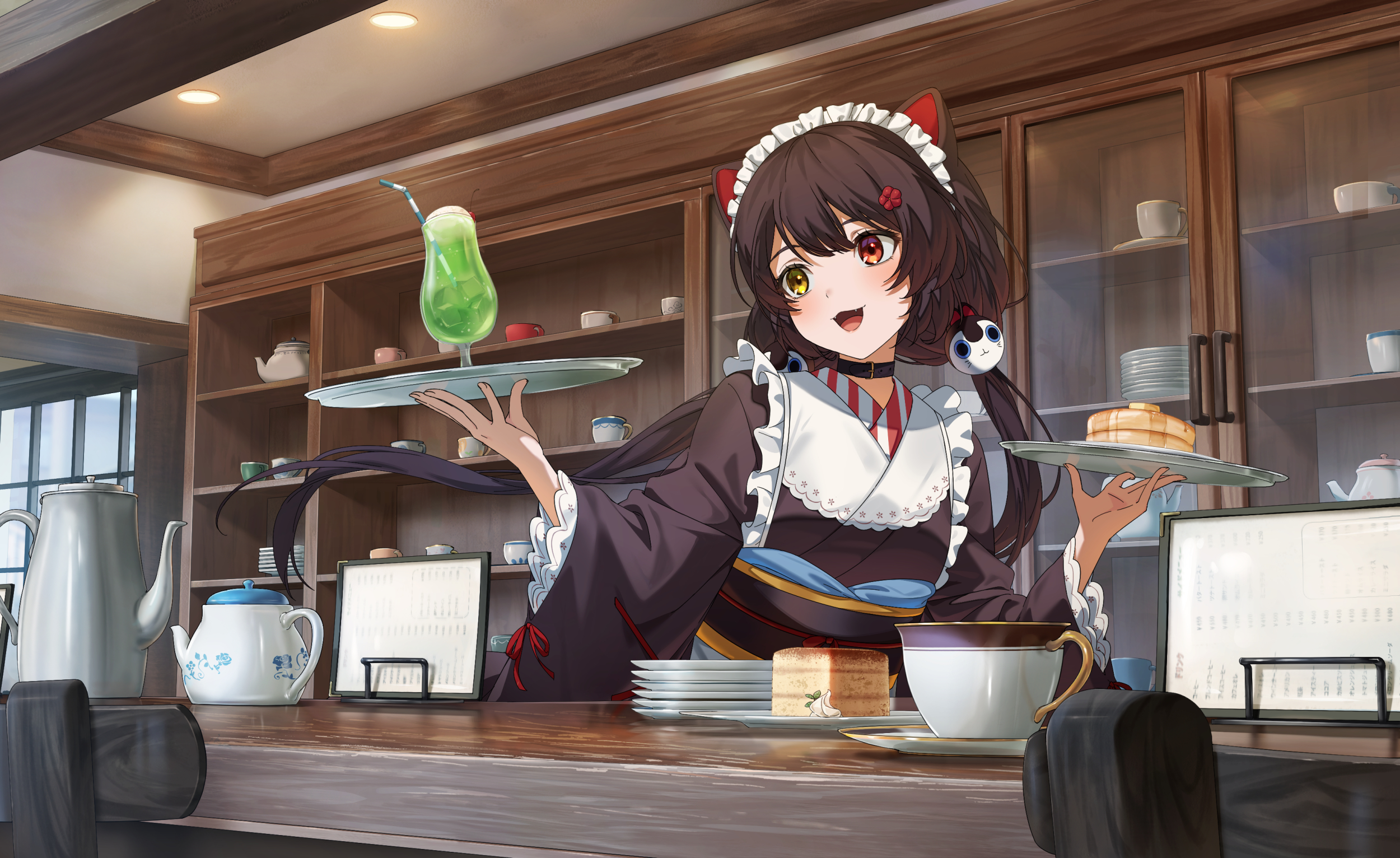 hachinatsu, inui toko, nijisanji, highres, 1girl, animal ears, bar (place), black hair, black kimono, cake, cocktail, cup, dog ears, dog girl, drinking glass, food, heterochromia, holding, holding tray, hurricane glass, indoors, japanese clothes, kimono, long hair, maid, maid headdress, open mouth, red eyes, smile, solo, teacup, teapot, tray, virtual youtuber, wa maid, yellow eyes