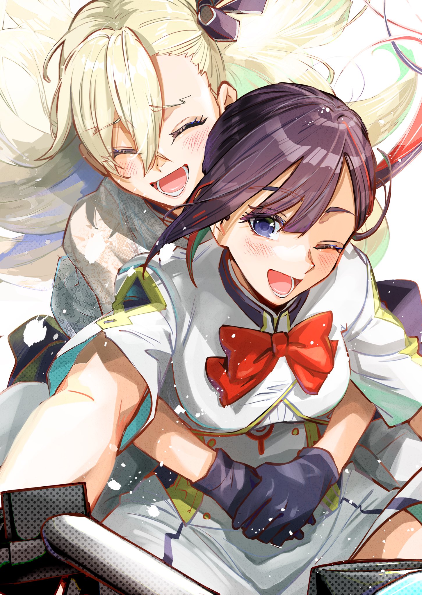iris (tb33064667), jeunesse crane (fate), miss crane (fate), olga marie animusphere, fate/grand order, fate (series), highres, 2girls, black gloves, black hair, blush, closed eyes, gloves, hair ribbon, hug, hug from behind, jeunesse crane (second ascension) (fate), long hair, multicolored hair, multiple girls, neck ribbon, one eye closed, open mouth, ponytail, purple eyes, red hair, ribbon, shirt, smile, two-tone hair, white hair, white shirt