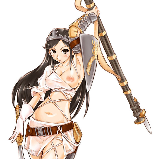 aisha (ash), archaic sealed heat, ash (game), 1girl, armor, breasts, crown, female focus, hat, large breasts, nipples, see-through clothes, shield, solo, sword, weapon