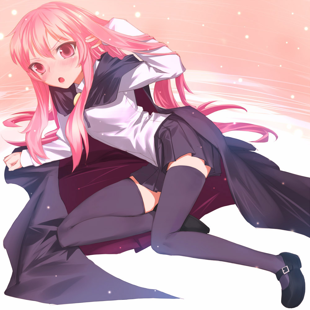 uni (plastic girl), louise francoise le blanc de la valliere, zero no tsukaima, 00s, 1girl, cape, female focus, long hair, mary janes, pink hair, shoes, skirt, solo, thighhighs, zettai ryouiki
