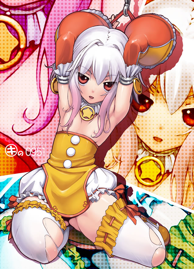 kei jiei, penne, original, 1girl, armpits, bdsm, bondage, bound, female focus, flat chest, full body, red eyes, sitting, solo, thighhighs, torn clothes, white hair